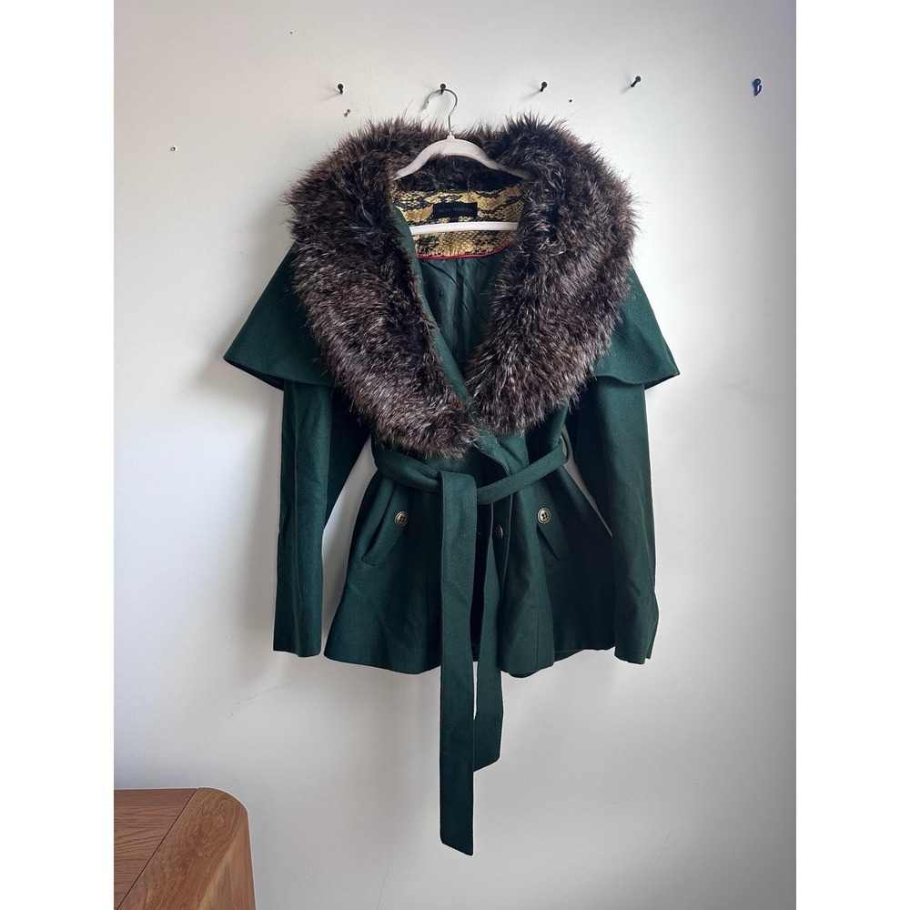 Steve Madden Women's Green Wool Blend Coat Faux Fur Shawl Collar Belted Jacket